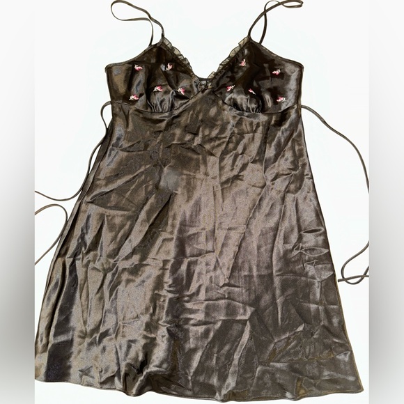 Adonna Other - Adonna Women’s Slip Dress Medium Black Satin Pink Floral Lace Detail Adjustable